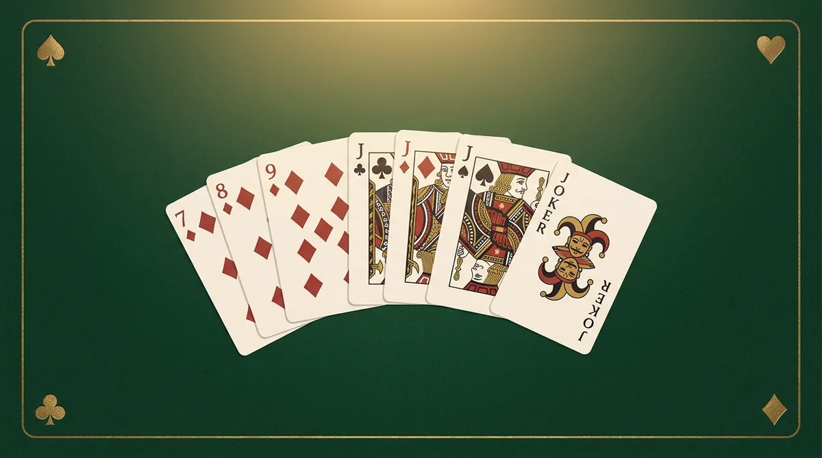 A hand of 13-card classic Indian rummy arranged into a pure sequence, an impure sequence and a set on a green table.